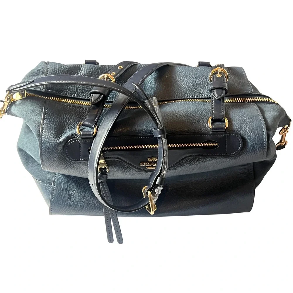 Coach Kleo Carryall Bag Teal‎ and Navy Blue Pebbled Leather Suede Handbag